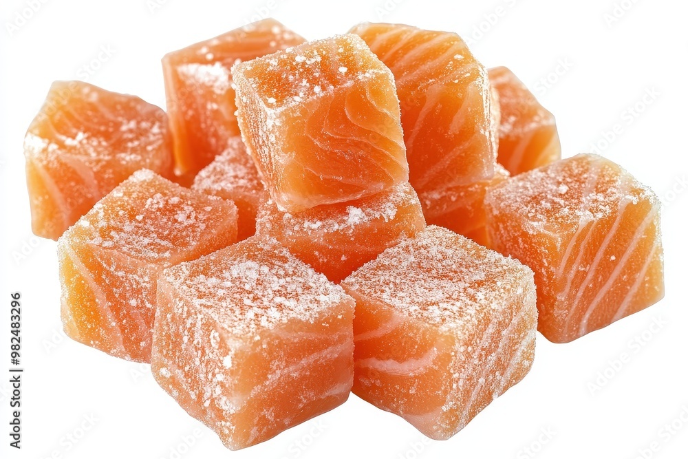 Fresh Pink Salmon Cubes on White Background Fresh Pink Salmon Cubes on White Background