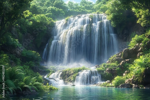 mesmerizing waterfall cascading through a lush primordial forest misty spray catches rainbow light while mosscovered rocks and vibrant ferns frame the scene in emerald hues