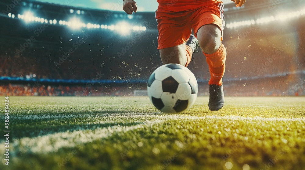 Fototapeta premium Football player in the stadium during the match kicks the ball, close up view with space for text or inscriptions 