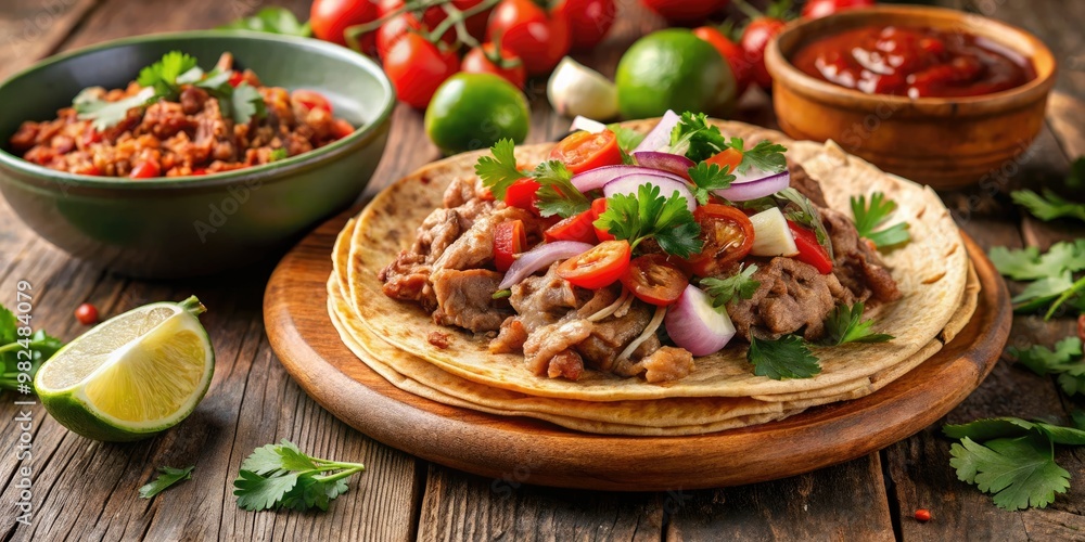 Tender slow-cooked pork, wrapped in pliable corn tortillas, accompanied by refried beans, tangy salsa, pungent onions, and fresh cilantro, a traditional Mexican culinary delight. Tender slow-cooked pork, wrapped in pliable corn tortillas, accompanied by refried beans, tangy salsa, pungent onions, and fresh cilantro, a traditional Mexican culinary delight.