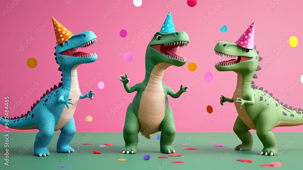 Obraz premium Happy New Year 2025, cute dinosaurs, party hats and confetti, playful T-Rex and friends, vibrant celebration, cheerful atmosphere, 3D illustration, Copy for text, no text, no logo