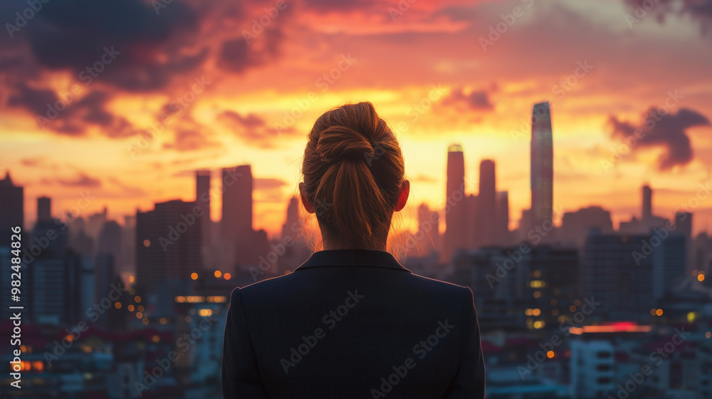 Back view of an executive woman in formal clothing looking at the city skyline with skyscrapers during sunset with a dramatic sky, successful businesswoman concept background Back view of an executive woman in formal clothing looking at the city skyline with skyscrapers during sunset with a dramatic sky, successful businesswoman concept background
