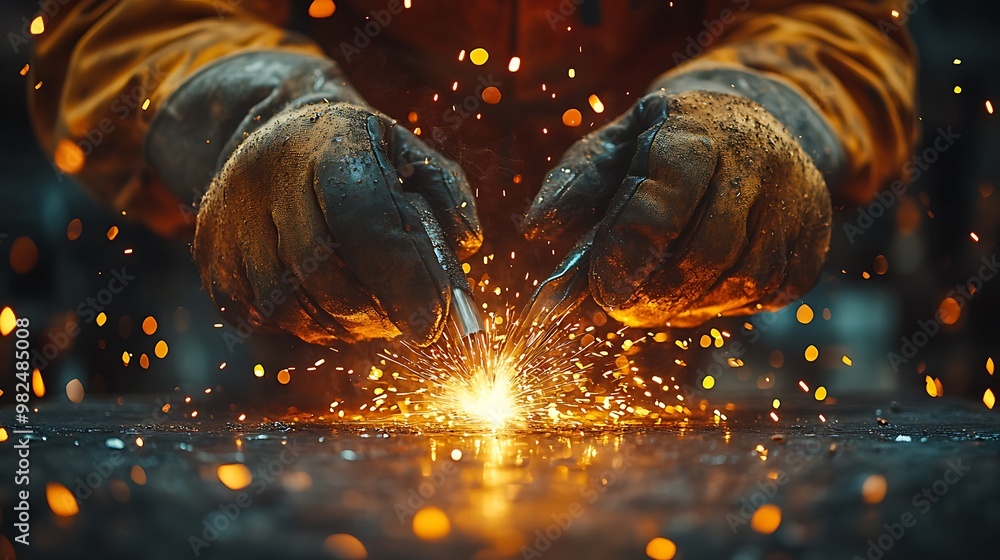 Close-up of a welder's hands holding welding tools with sparks flying. Close-up of a welder's hands holding welding tools with sparks flying.
