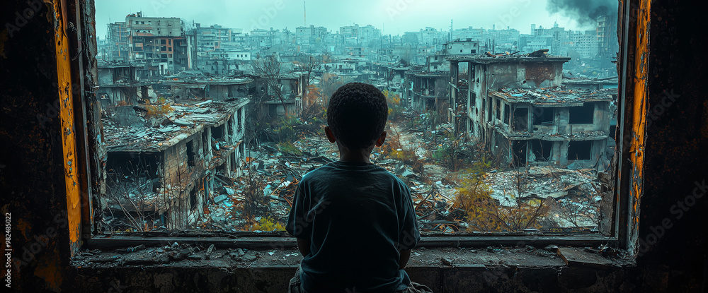 Young boy gazes out the window of his destroyed apartment in a war-torn city Young boy gazes out the window of his destroyed apartment in a war-torn city