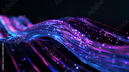 Abstract background with fiber optic cables, blue and purple colors on a black background. The concept of fast data transfer between points in the network