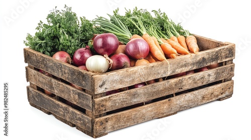 A rustic wooden crate filled with fresh, vibrant vegetables including onions, carrots, and herbs. Perfect for farm-to-table themes. photo