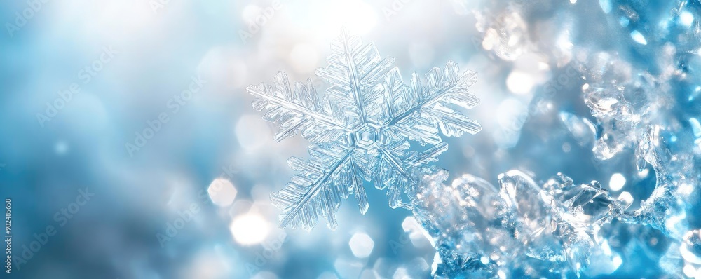 Close-up of a delicate snowflake resting on ice, showcasing intricate details and shimmering crystals in a winter wonderland. Close-up of a delicate snowflake resting on ice, showcasing intricate details and shimmering crystals in a winter wonderland.