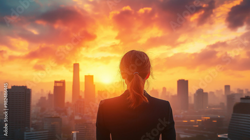 Back view of an executive woman in formal clothing looking at the city skyline with skyscrapers during sunset with a dramatic sky, successful businesswoman concept background