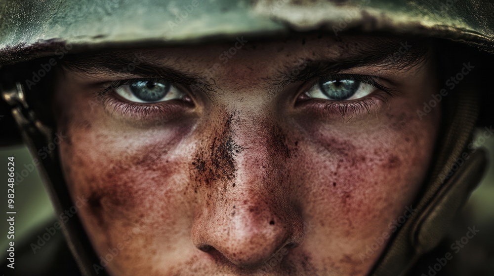 A close look of a desperate soldier in a helmet, close-up of the eyes, the theme of war and armed conflict
A close look of a desperate soldier in a helmet, close-up of the eyes, the theme of war and armed conflict