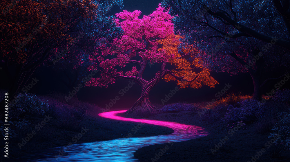 A fantasy world where rivers flow with neon colors and trees glow in the dark, symbolizing the surreal and imaginative A fantasy world where rivers flow with neon colors and trees glow in the dark, symbolizing the surreal and imaginative