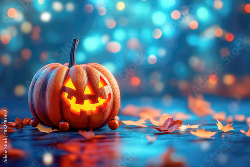 Halloween background with pumpkin , autumn leaves and bokeh photo