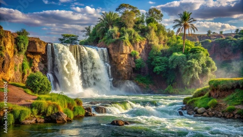 The Nile River's majestic waterfall thunders down rocky cliffs, surrounded by lush greenery and cascading water that creates a misty veil.