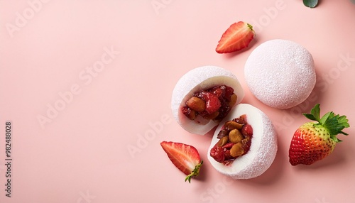Creative food template. Fruit Daifukumochi daifuku mochi rice flour Japanese dessert stuffed with strawberry and red bean on pastel pink background, copy text space