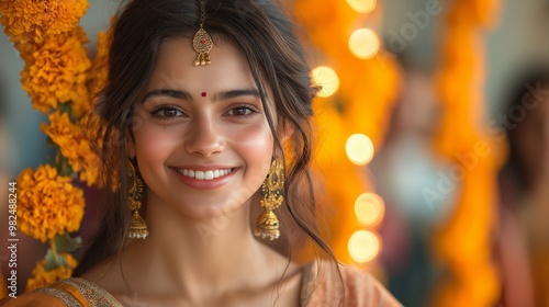 Joyful Indian Woman in Saree Smiling during Festive Celebration Surrounded by Flowers photo