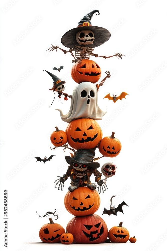 Fototapeta premium A Stack of Jack-O-Lanterns with Halloween Characters