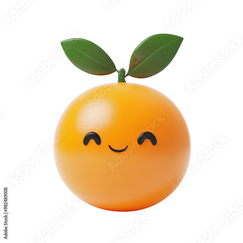 A cute, cartoon-style orange with a smiling face and green leaves, perfect for children's designs and playful themes.