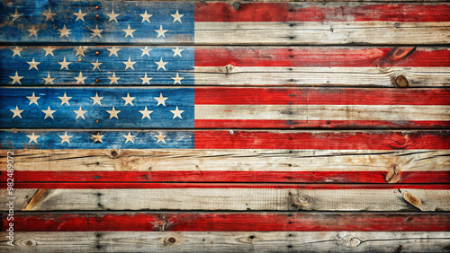 Distressed vintage wooden boards display worn American flag painting in faded red, white, and blue hues, evoking nostalgic rustic charm and classic patriotism.