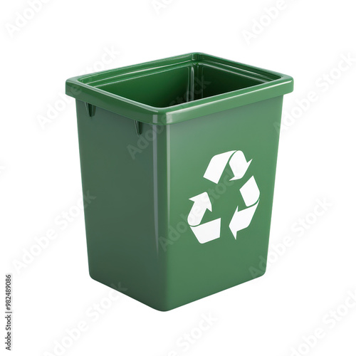 A green recycling bin with a white recycling symbol, designed for eco-friendly waste disposal and promoting sustainability.