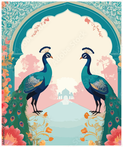 Mughal garden wedding invitation arch with peacocks vector illustration