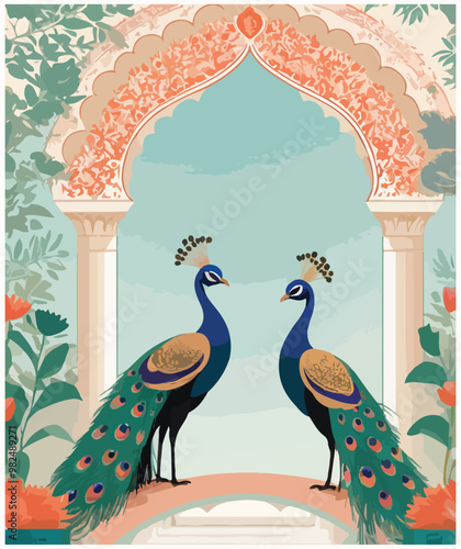 Mughal garden wedding invitation arch with peacocks vector illustration