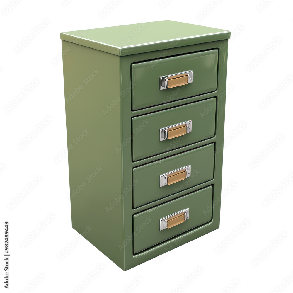 A stylish green filing cabinet with four drawers, perfect for organizing office supplies and documents., isolated on a transparent background. A stylish green filing cabinet with four drawers, perfect for organizing office supplies and documents., isolated on a transparent background.