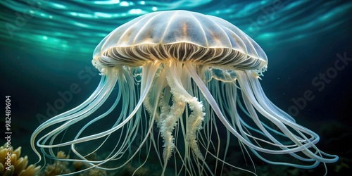 The venomous box jellyfish boasts a translucent bell, its delicate shape a stark contrast to the menacing, long tentacles that spew forth to strike. photo