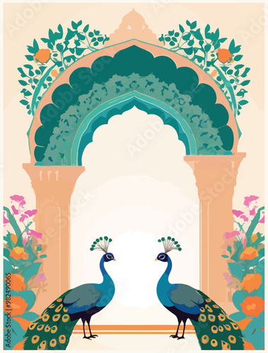 Mughal garden wedding invitation arch with peacocks vector illustration