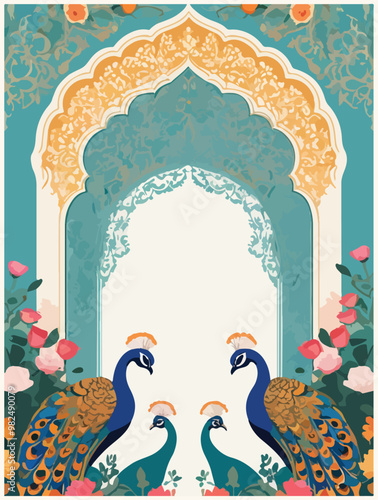 Mughal garden wedding invitation arch with peacocks vector illustration