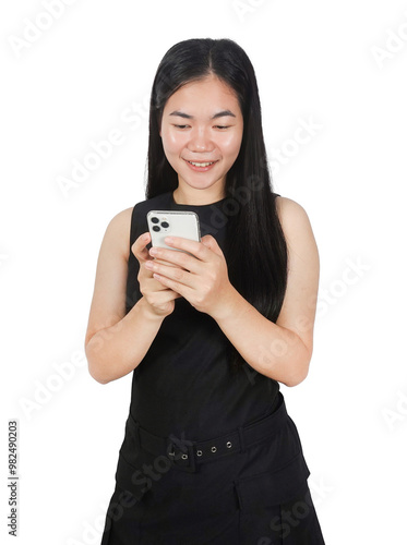 Young woman wearing black dress using smart phone on transparent background