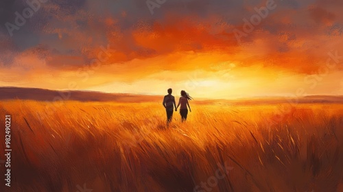 Couple Walking Towards a Sunset