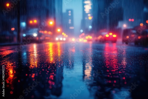 moody urban scene of rainslicked empty street blurred city lights in background reflections on wet asphalt atmospheric fog cinematic composition