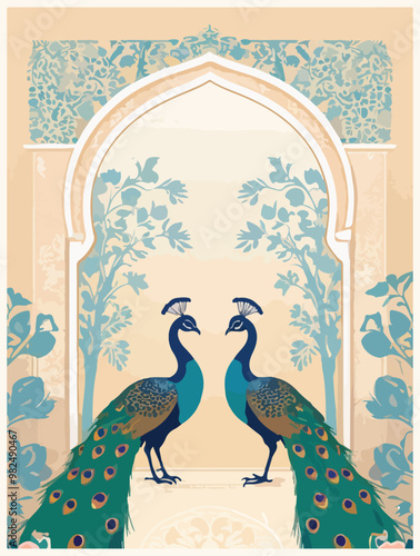 Mughal garden wedding invitation arch with peacocks vector illustration