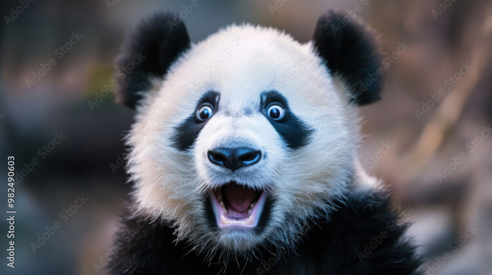 Obraz premium A surprised panda with wide, expressive eyes stands out against a minimalist backdrop, exuding a mix of cuteness and humor.