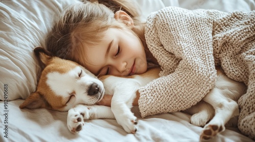 Cute Little Girl Sleeping With jack russell terrier Dog In Embrace In Bed