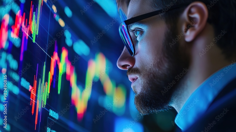 Financial analyst studying a market graph, focusing on trend movements and data shifts Financial analyst studying a market graph, focusing on trend movements and data shifts