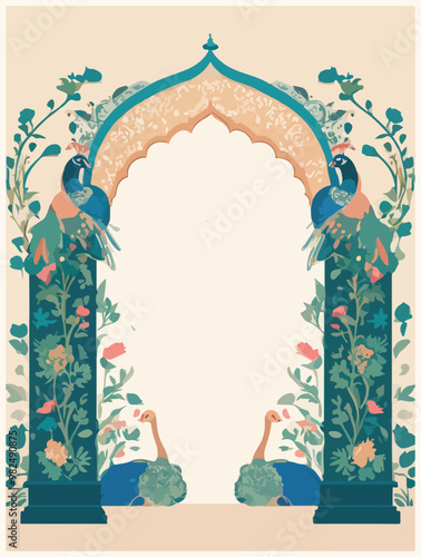 Mughal garden wedding invitation arch with peacocks vector illustration