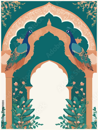 Mughal garden wedding invitation arch with peacocks vector illustration