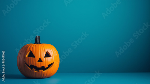 Festive Halloween party background image with copy space and orange jack-o-lantern pumpkin with bright blue color backdrop