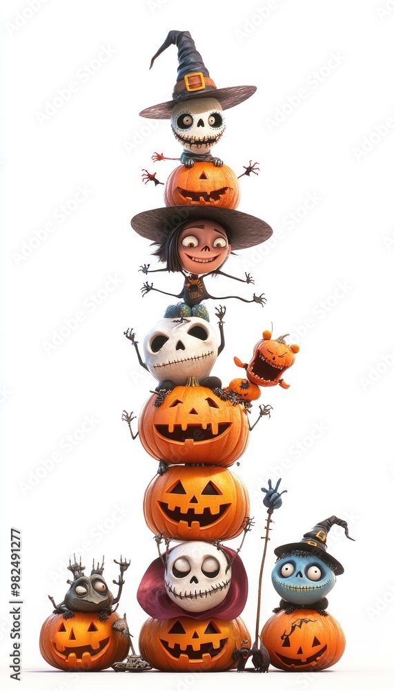 A Stack of Smiling Pumpkins with Halloween Characters A Stack of Smiling Pumpkins with Halloween Characters