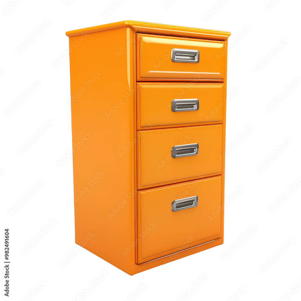 Vibrant orange filing cabinet with four drawers, ideal for office organization and modern workspace decor., isolated on a transparent background. Vibrant orange filing cabinet with four drawers, ideal for office organization and modern workspace decor., isolated on a transparent background.