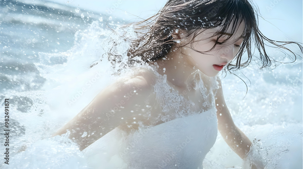 Woman in White Dress Surrounded by Waves Woman in White Dress Surrounded by Waves