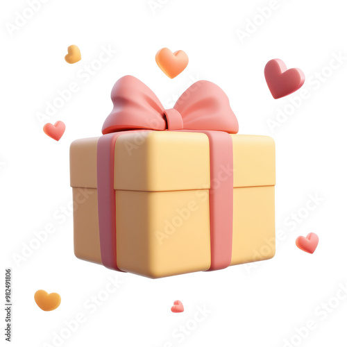 A charming gift box with a pink ribbon surrounded by floating hearts, perfect for expressing love and celebration., isolated on a transparent background.