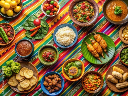 Traditional Ecuadorian cuisine on display, an array of vibrant dishes harmonize on a radiant tablecloth, a feast for the eyes as much as the taste buds.