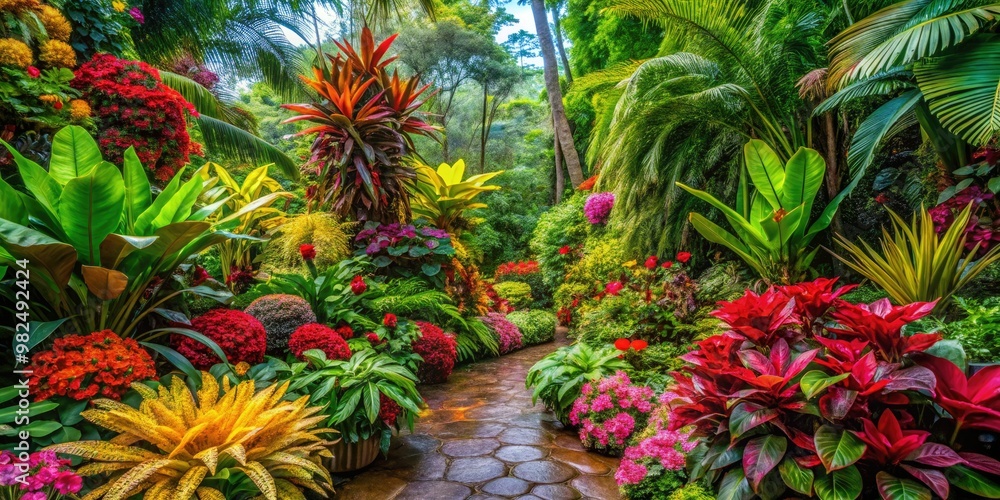 Tropical plants with vibrant flowers overflow in a lush and colorful botanical garden, their leafy foliage a stunning backdrop to bursting blooms of every hue. Tropical plants with vibrant flowers overflow in a lush and colorful botanical garden, their leafy foliage a stunning backdrop to bursting blooms of every hue.