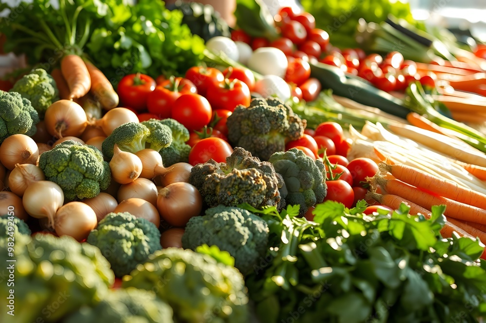 Vibrant display of fresh organic vegetables including broccoli, onions, tomatoes, and carrots at a farmers market. Promotes healthy eating and sustainable agriculture. Ai Vibrant display of fresh organic vegetables including broccoli, onions, tomatoes, and carrots at a farmers market. Promotes healthy eating and sustainable agriculture. Ai
