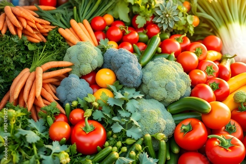 Vibrant display of fresh organic vegetables including broccoli, onions, tomatoes, and carrots at a farmers market. Promotes healthy eating and sustainable agriculture.