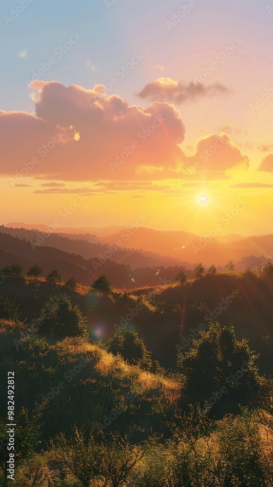 Beauty sunset in hill with grass farm with sun light orange horizon sky story background Beauty sunset in hill with grass farm with sun light orange horizon sky story background