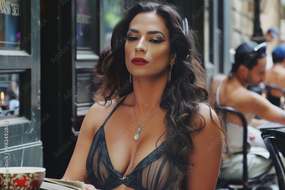 Glamorous transgender in stylish black dress reading book at outdoor cafe Glamorous transgender in stylish black dress reading book at outdoor cafe