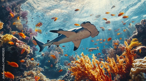 Majestic great hammerhead shark glides effortlessly above vibrant coral reef, its shadow falling softly, accompanied by parasitic suckerfish, in a serene underwater world  photo