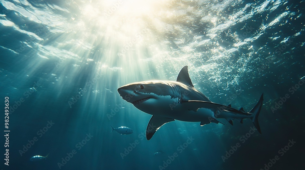 Naklejka premium A great white shark swims through the ocean, sunlight shining through the water, with other fish in the background.